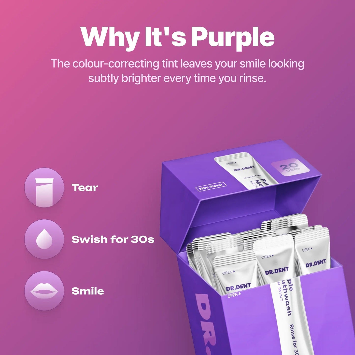 Purple Mouthwash - Sachets 20 Pack - Peroxide-Free - Alcohol Free - Vegan Mint
